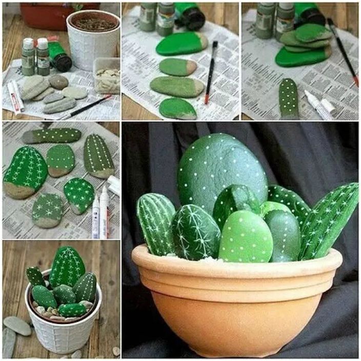 Un cactus inhabituel fabriqué à partir de petites pierres ornementées.