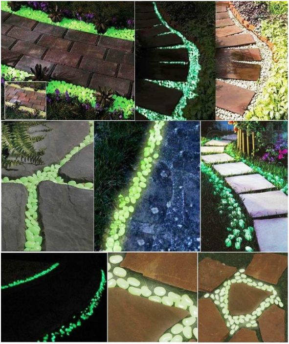 Des pierres peintes avec une peinture phosphorique spéciale peuvent être utilisées pour décorer les chemins.