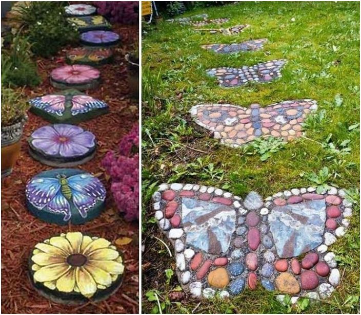 Chemins de pierres multicolores aménagés sous forme de papillons et de fleurs.