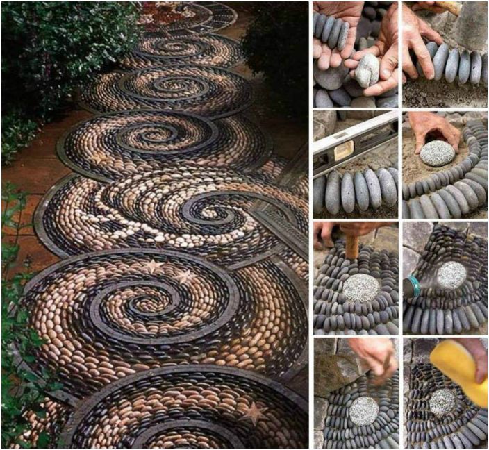 Un chemin étonnant de pierres disposées dans une mosaïque en spirale complexe.