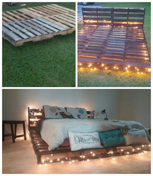 Interesting design of a pallet bed with bright and warm lighting.