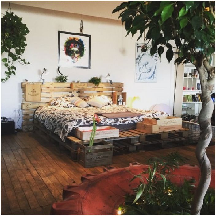 The complex boho-style interior is complemented by a pallet bed.