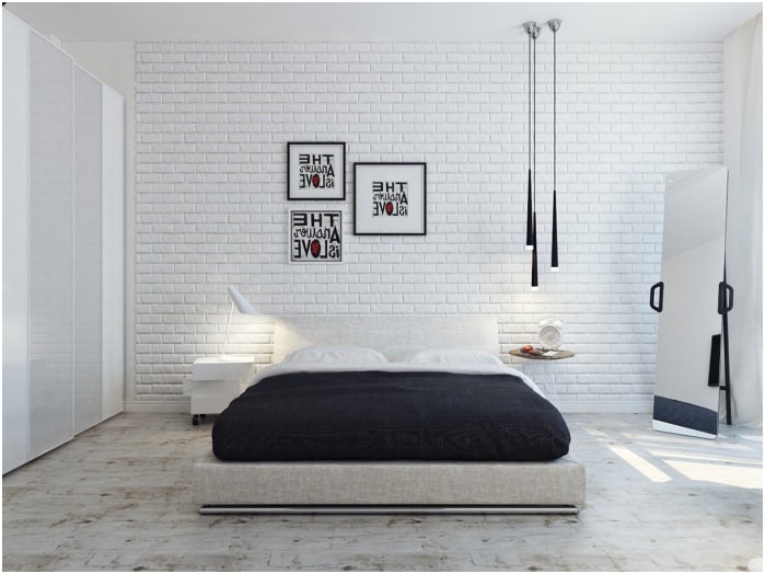 бяла тухлена стена в спалнята