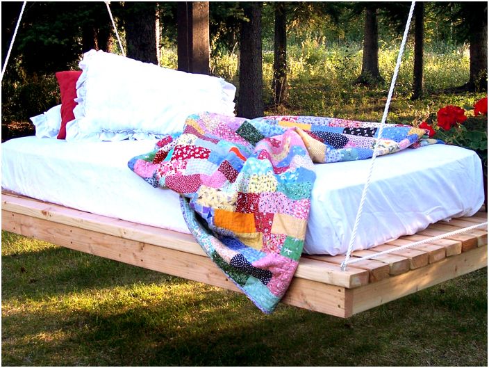 Hanging bed in the open air.