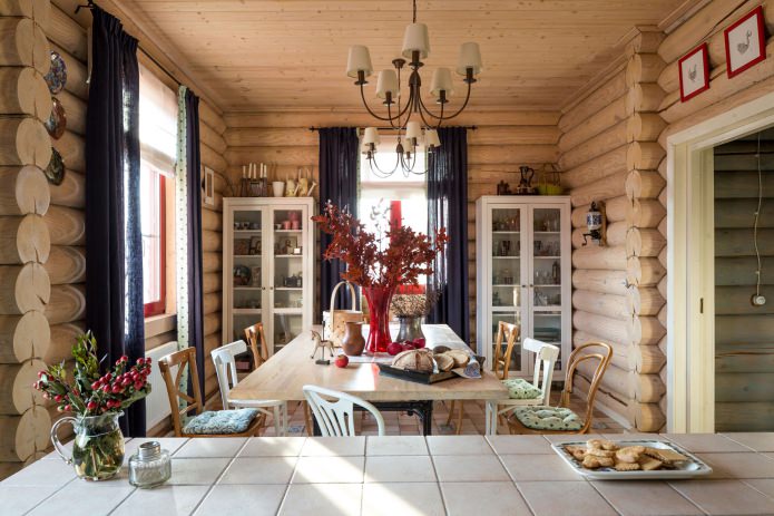 вътрешна декорация на дървена къща: кухня-трапезария