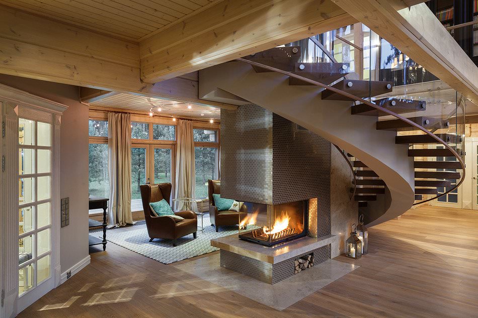 интериорен дизайн на къща, изработена от ламиниран фурнирен дървен материал
