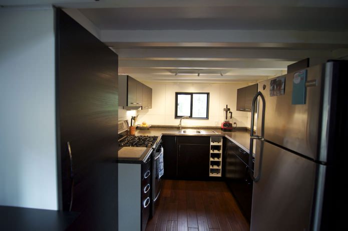 kitchen in the interior of a mobile home