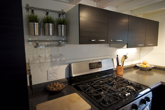 kitchen in the interior of a mobile home