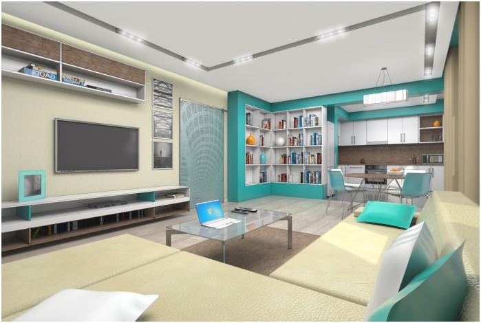 interieur van de keuken-woonkamer in turquoise kleuren