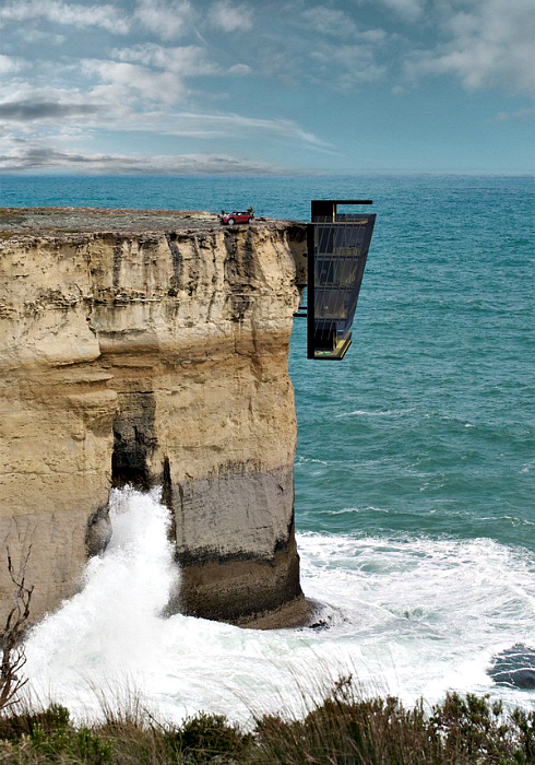 Une maison moderne sur une falaise.