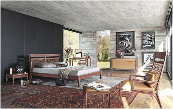 Beautiful bedroom decor in browns, grays and blacks by Roche Bobois.