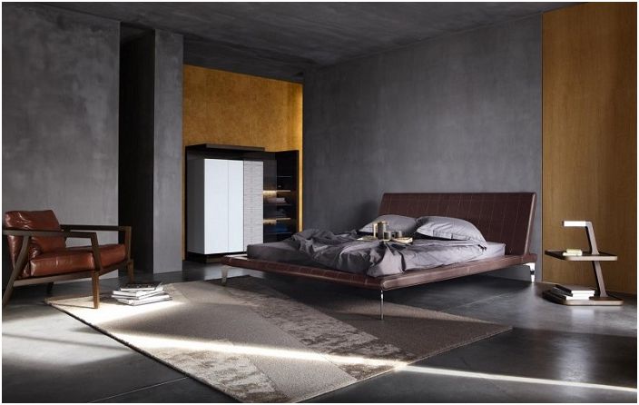 Gray bedroom with brown elements.