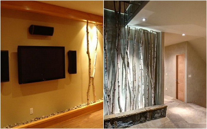 Att dekorera väggarna i ett rum med grenar kan radikalt förändra situationen.