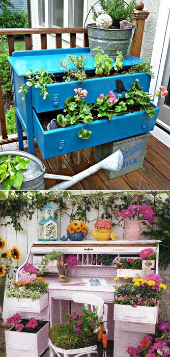 Une commode ou un bureau ancien est une excellente option pour planter des fleurs.