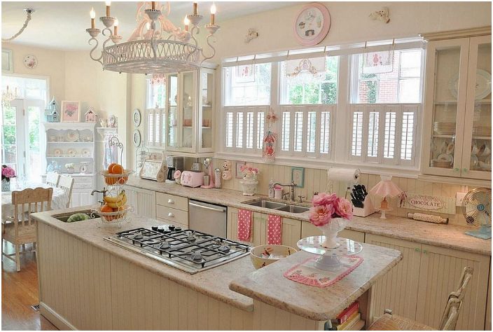 Bright, stylish kitchen, furnished with antique antique furniture, decorated with various elements of textiles and bright accessories.