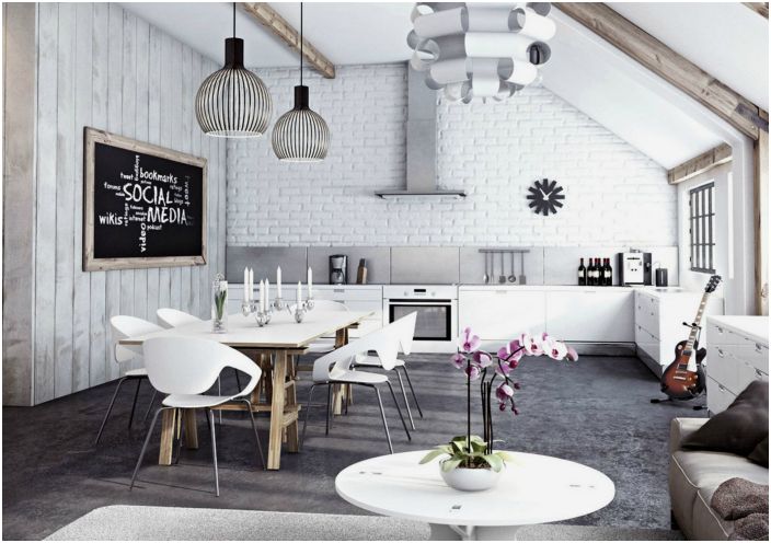Ett kök i kombination med ett vardagsrum är en idealisk lösning för lägenheter med ett litet kök. Huvudregeln för arrangemang är minimalism och kompetent zonering av rymden.