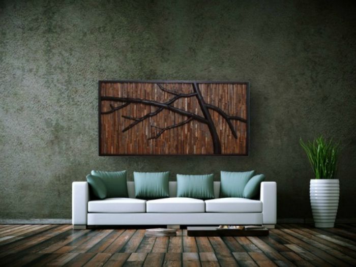 Jednoduchý, ale elegantný obraz vyrobený z drevených dosiek rôznych odtieňov.