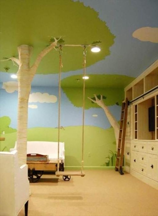 A cozy park with swings in the children's room.