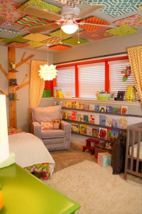 A room painted in bright colors.