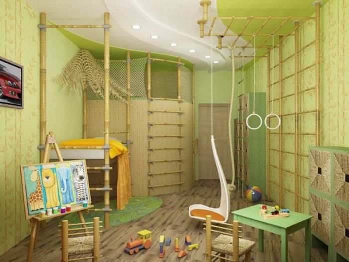 Children's room stylized as a jungle world.