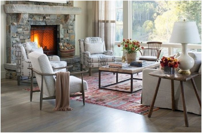 Living room with built-in stone fireplace.