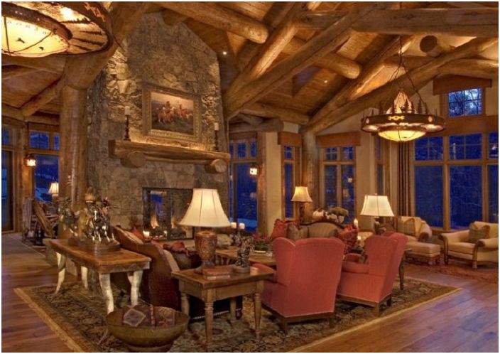 Nice living room with stone fireplace.