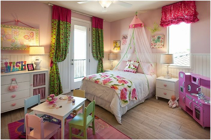 An interesting design of a bedroom for girls with the addition of prints with flowers that add femininity and sensuality to such an interior.