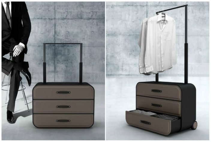 Une valise qui se transforme facilement en armoire avec trois compartiments et un cintre.