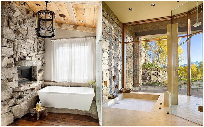 Kupatilo i tuš kabina sa kamenim zidovima