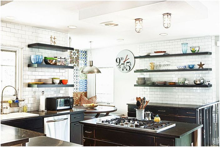 Eclectic kitchen interior with modern and industrial elements