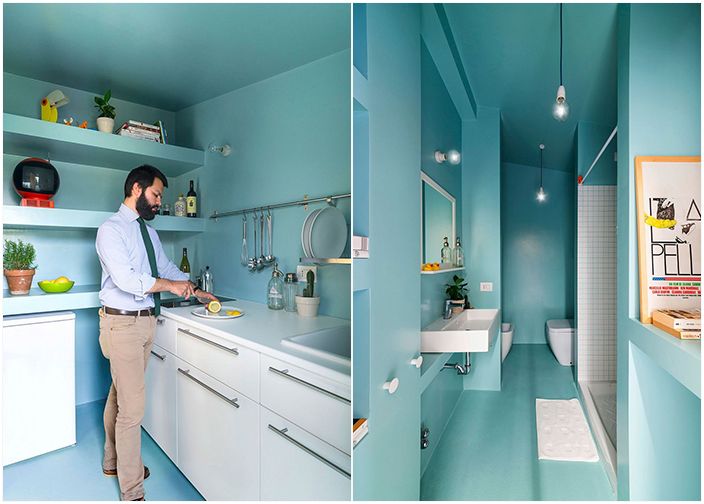 Kuchyň a koupelna v modré a bílé