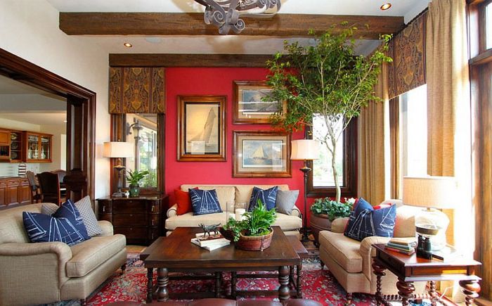 Living room with red and blue accents