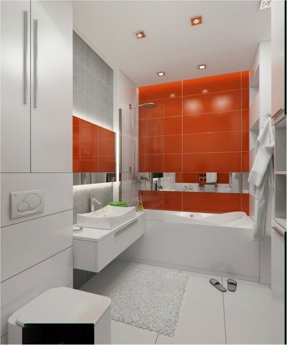 A cool example of bathroom decoration in white with the addition of rich red.