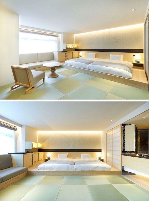 Лек декор на спалнята с оригинално легло на дървена платформа, което ще създаде допълнителен комфорт.