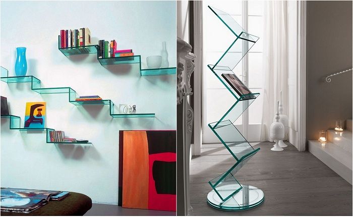 Примери за интериорна декорация със стъклени рафтове.