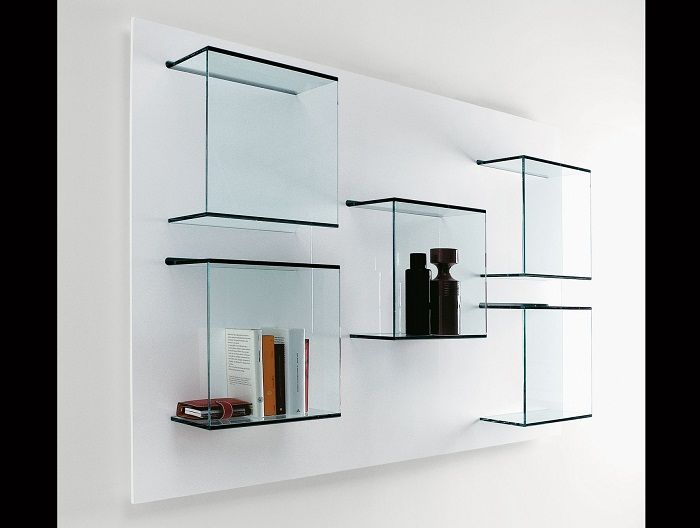 Glass shelves instead of bulky furniture.