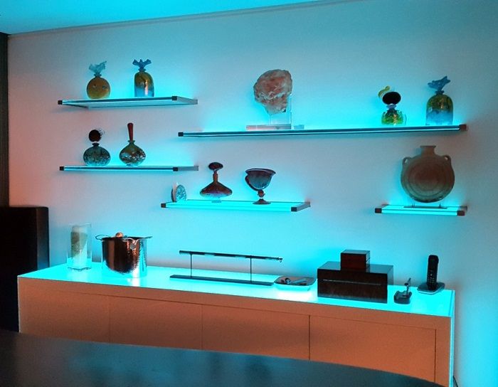 Original and functional illuminated glass shelves.