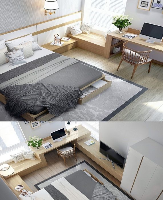 Спалнята е декорирана по модерен начин с дървени текстури.
