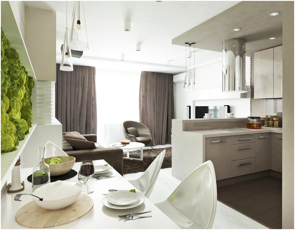 Modern nappali konyhasarokkal: ötletek a helyiség racionális felhasználására 15 négyzetméter. m