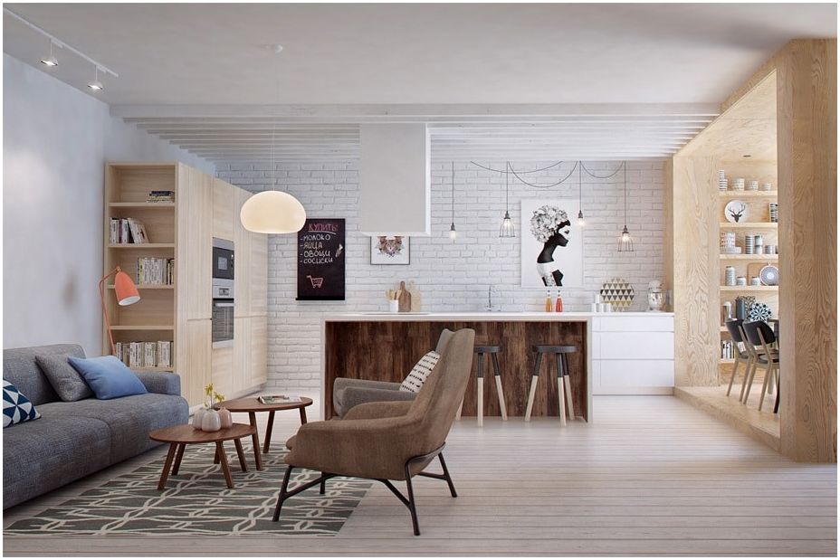 Moderna dnevna soba s čajnom kuhinjom: ideje za racionalno korištenje prostora 15 m². m