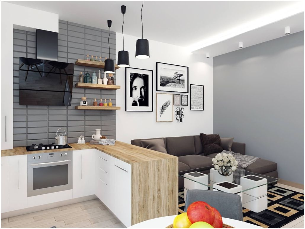 Modern living room with kitchenette: ideas for the rational use of space 15 sq. m