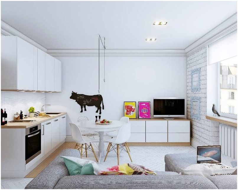 Modernt vardagsrum med pentry: idéer för rationell användning av plats 15 kvm. m