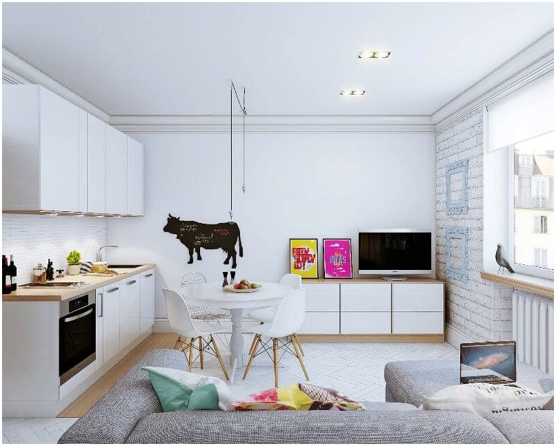 Moderna sala de estar con cocina americana: ideas para el uso racional del espacio 15 sq. metro