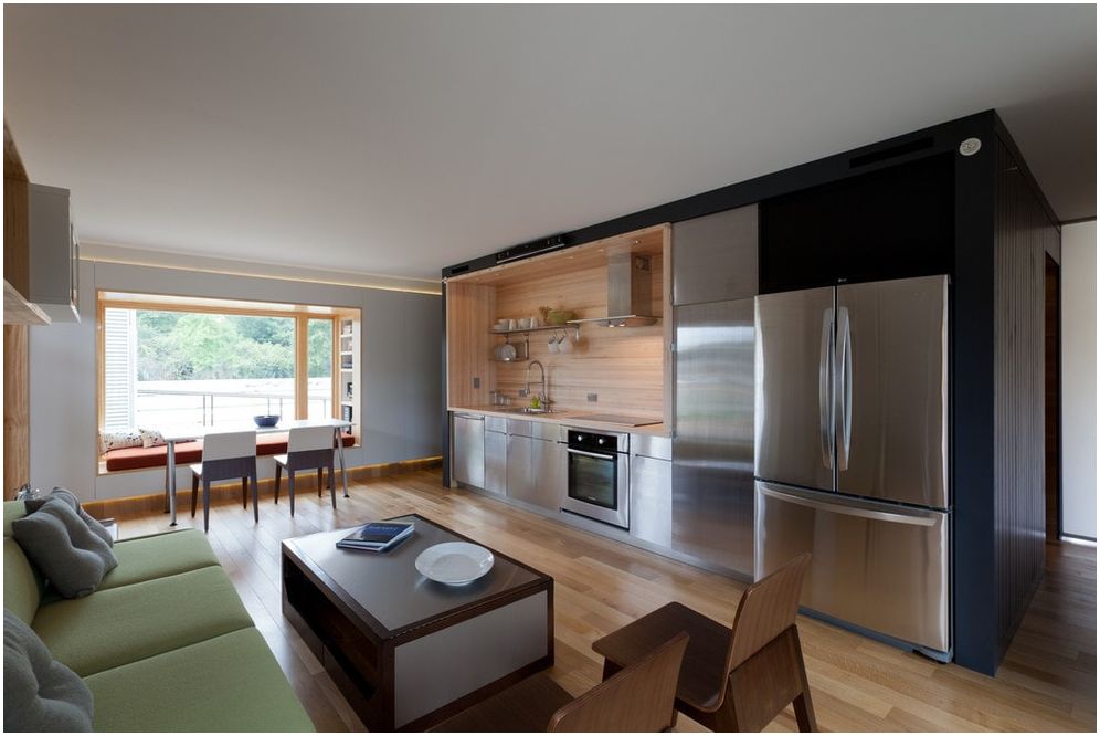 Moderne stue med kjøkkenkrok: ideer for rasjonell bruk av plass 15 kvm. m