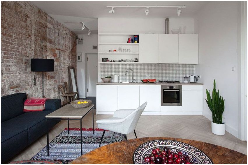 Moderná obývacia izba s kuchynským kútom: nápady na racionálne využitie priestoru 15 m2. m