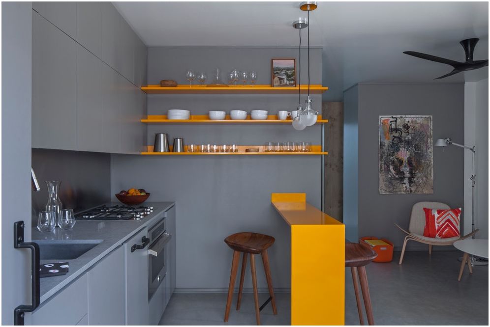Модерна всекидневна с кухненски бокс: идеи за рационално използване на пространството 15 кв. m