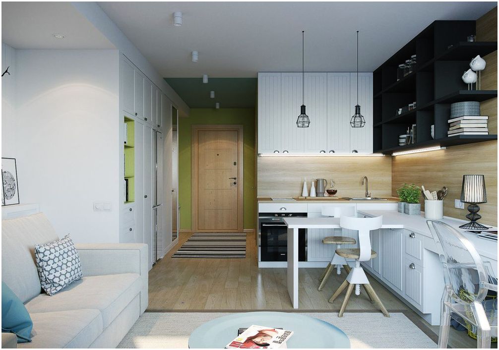 Il design originale della cucina-soggiorno di 20 metri quadrati