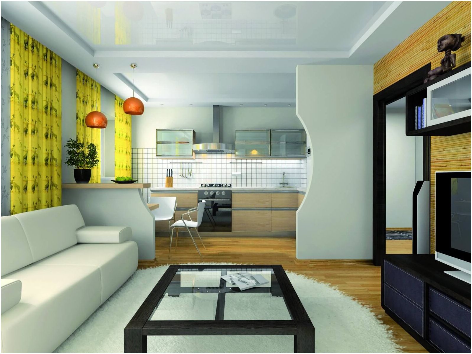 التصميم الأصلي لغرفة المعيشة المطبخ من 20 مترا مربعا