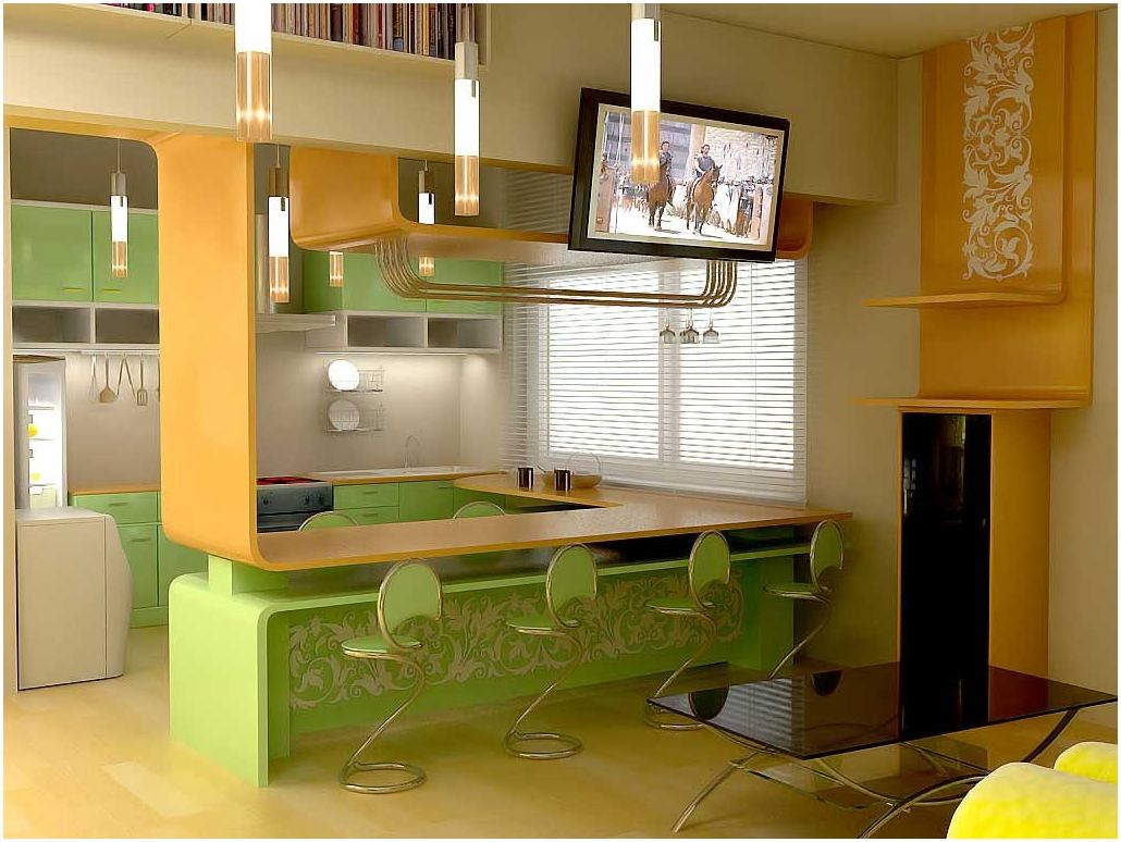 غرفة المعيشة المطبخ مع شريط: الأفكار الأصلية للداخلية
