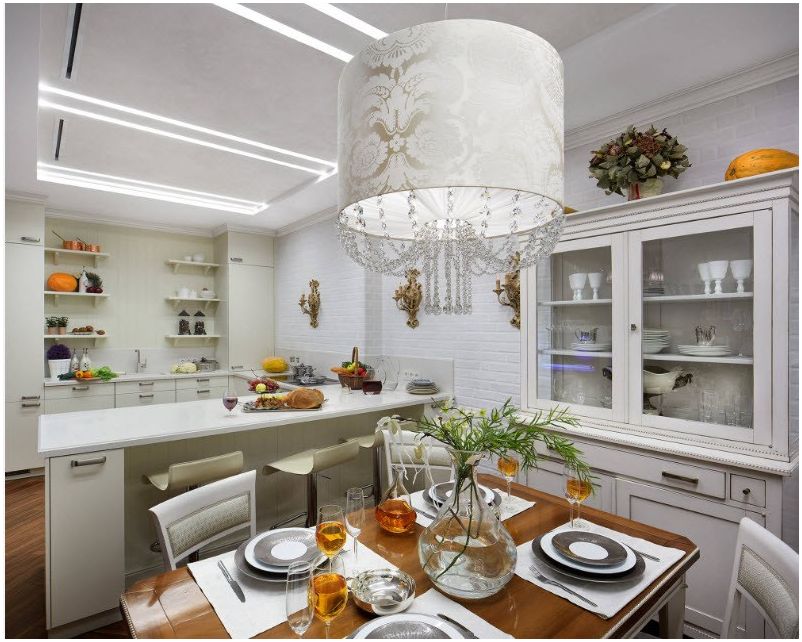 غرفة المعيشة في المطبخ: أفكار التصميم الحالية في عام 2019